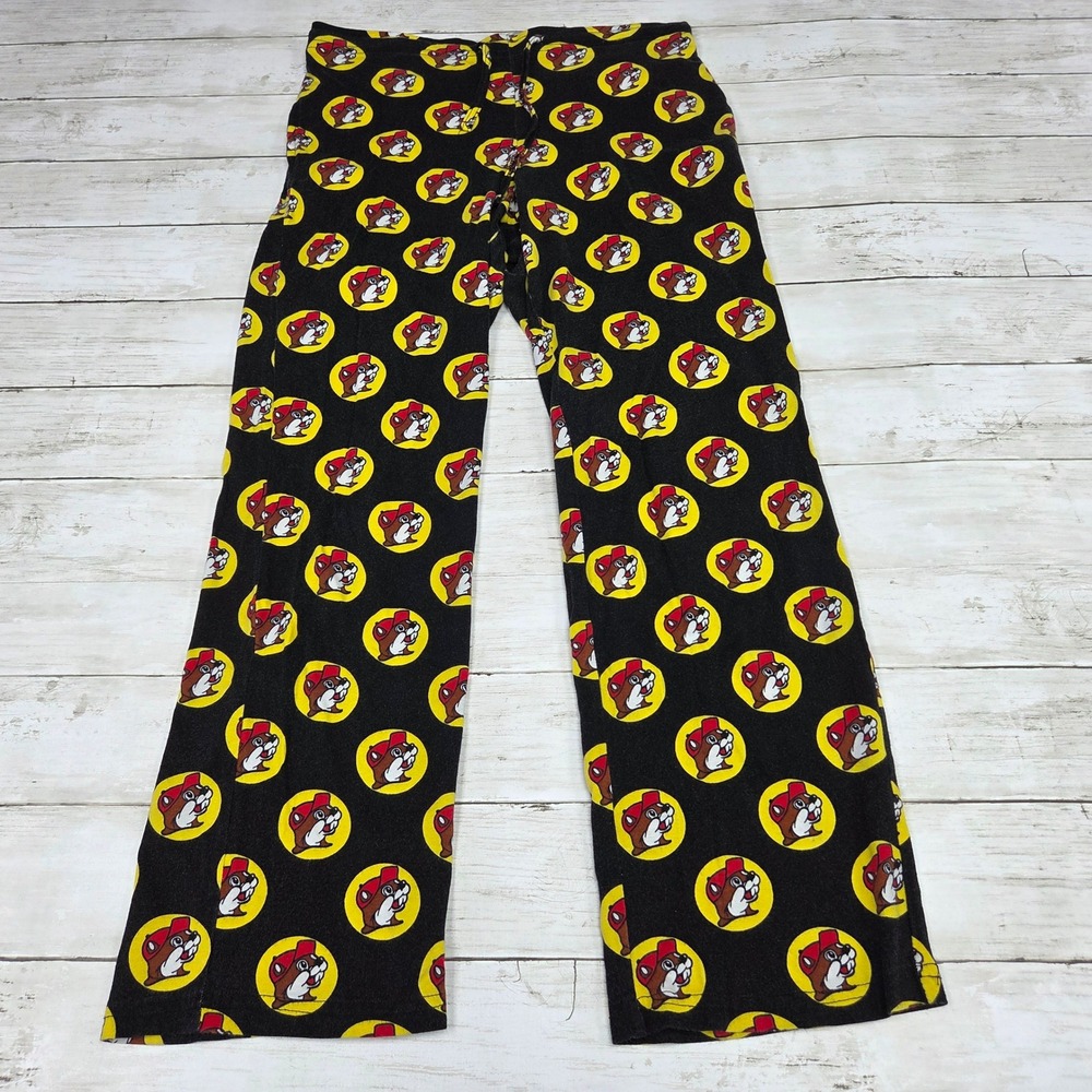 Buc-ee's Logo Print Pajama Pants Lounge Straight Leg Women Small Black Yellow